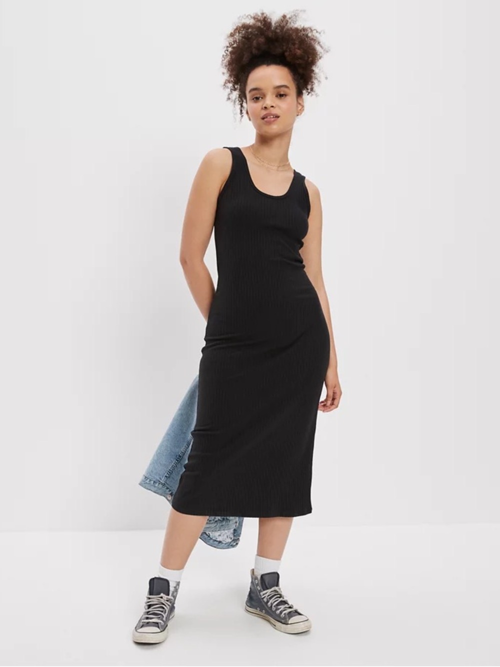 Sleeveless Ribbed Midi Dress - Black